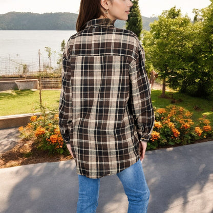 Anna-Kaci Women's Long Sleeve Plaid Button-Up Shirt Jacket with Collared Neckline