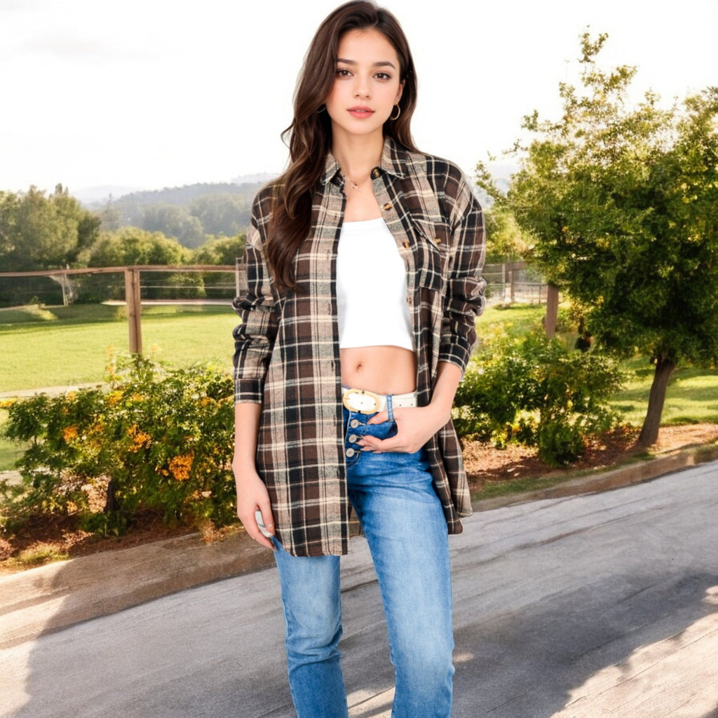 Anna-Kaci Women's Long Sleeve Plaid Button-Up Shirt Jacket with Collared Neckline