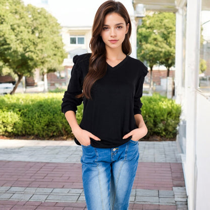 Anna-Kaci Women's Long Sleeve V-Neck Top with Ruffled Shoulder Detail