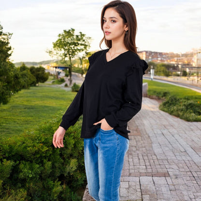 Anna-Kaci Women's Long Sleeve V-Neck Top with Ruffled Shoulder Detail