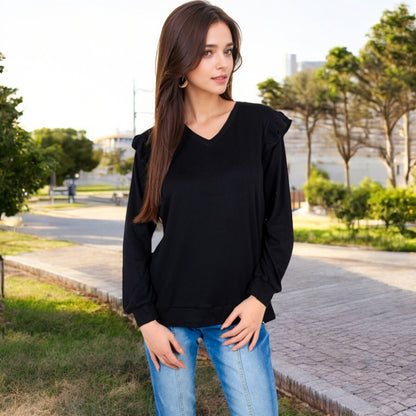 Anna-Kaci Women's Long Sleeve V-Neck Top with Ruffled Shoulder Detail