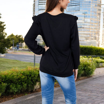 Anna-Kaci Women's Long Sleeve V-Neck Top with Ruffled Shoulder Detail