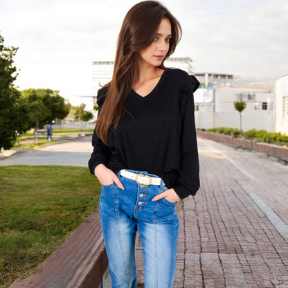 Anna-Kaci Women's Long Sleeve V-Neck Top with Ruffled Shoulder Detail