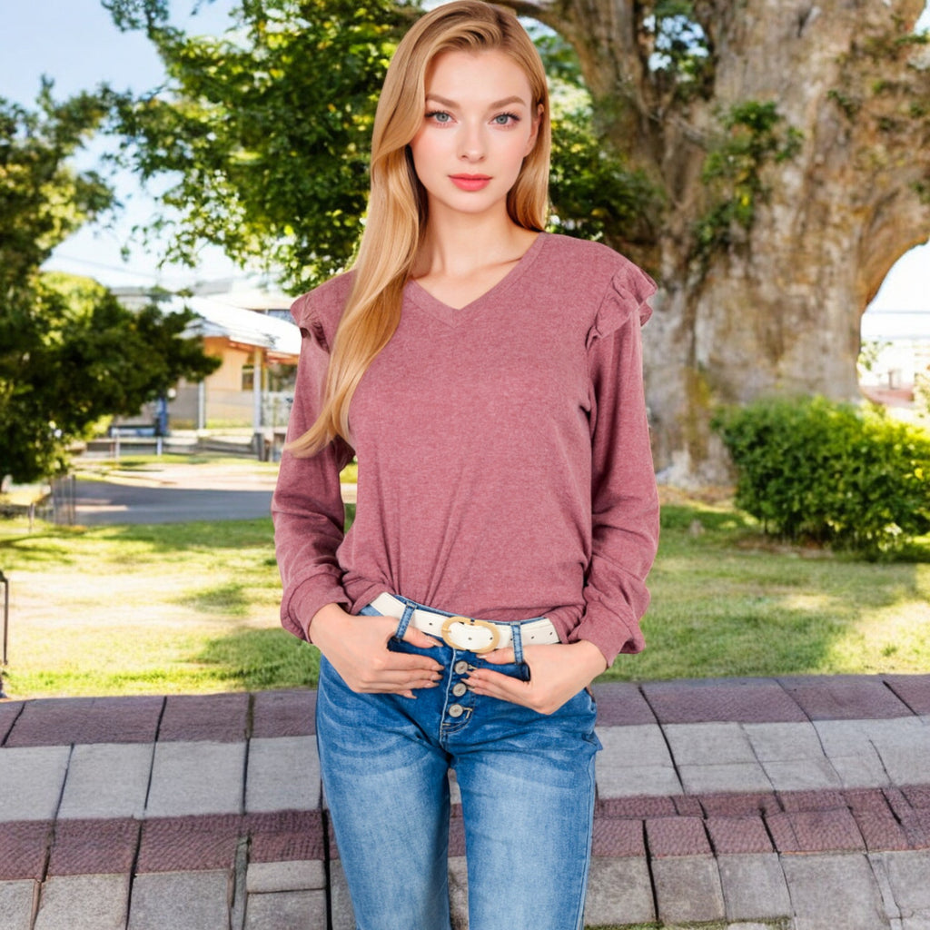 Anna-Kaci Women's Long Sleeve V-Neck Top with Ruffled Shoulder Detail
