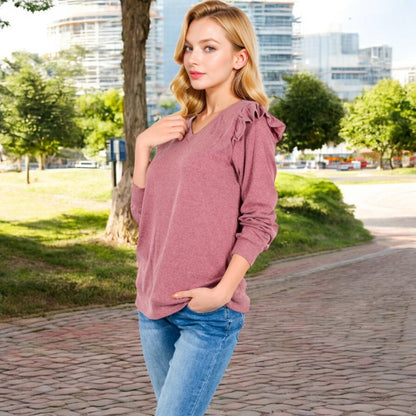 Anna-Kaci Women's Long Sleeve V-Neck Top with Ruffled Shoulder Detail