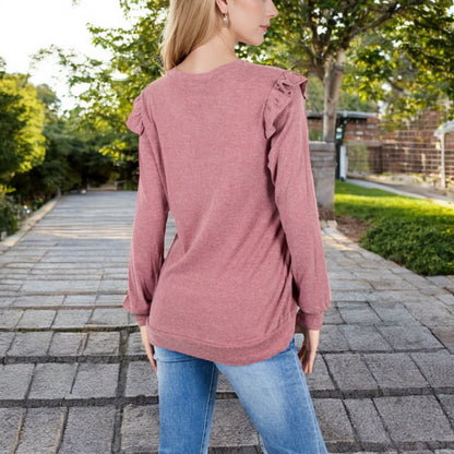 Anna-Kaci Women's Long Sleeve V-Neck Top with Ruffled Shoulder Detail