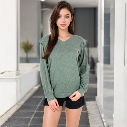 Anna-Kaci Women's Long Sleeve V-Neck Top with Ruffled Shoulder Detail