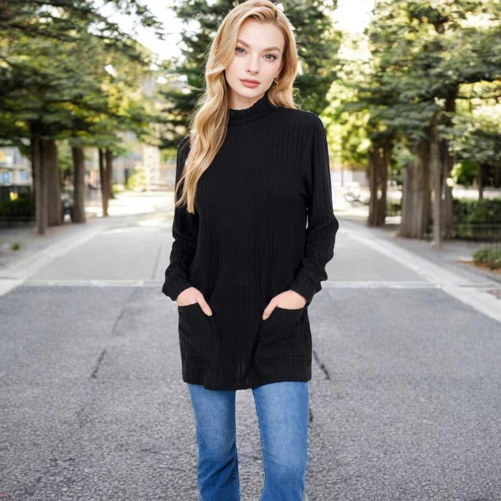 Anna-Kaci Women's Mock Neck Long Sleeve Ribbed Knit Tunic with Front Pockets