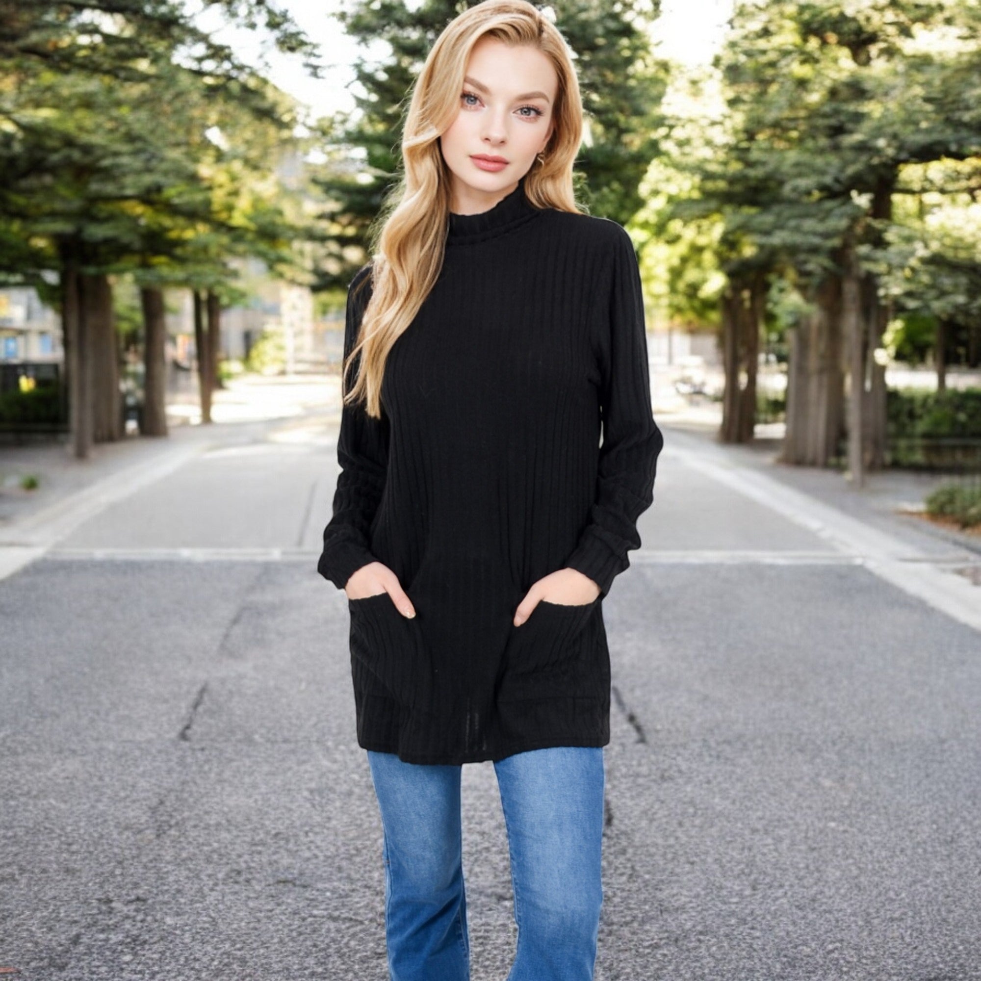 Anna-Kaci Women's Mock Neck Long Sleeve Ribbed Knit Tunic with Front Pockets