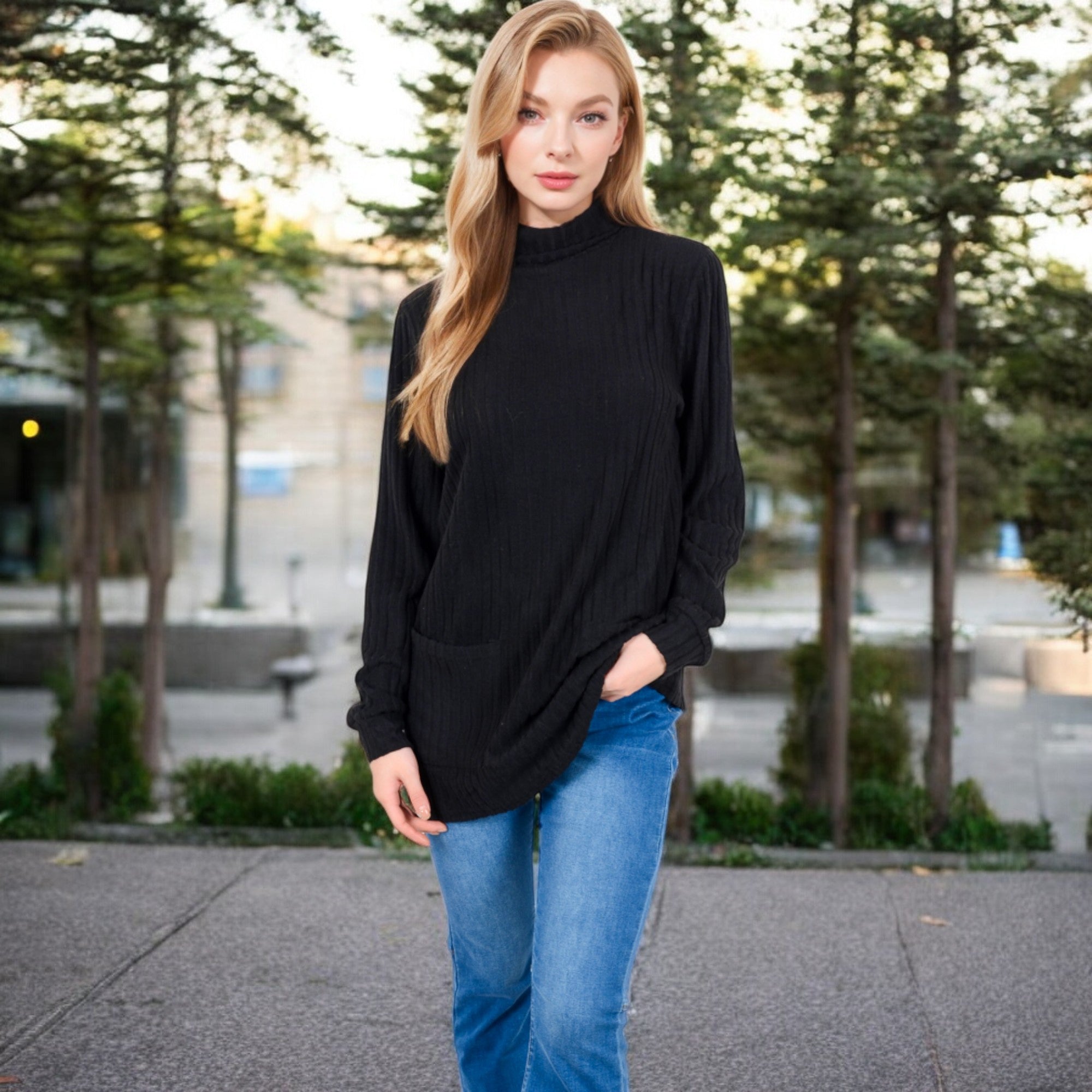 Anna-Kaci Women's Mock Neck Long Sleeve Ribbed Knit Tunic with Front Pockets