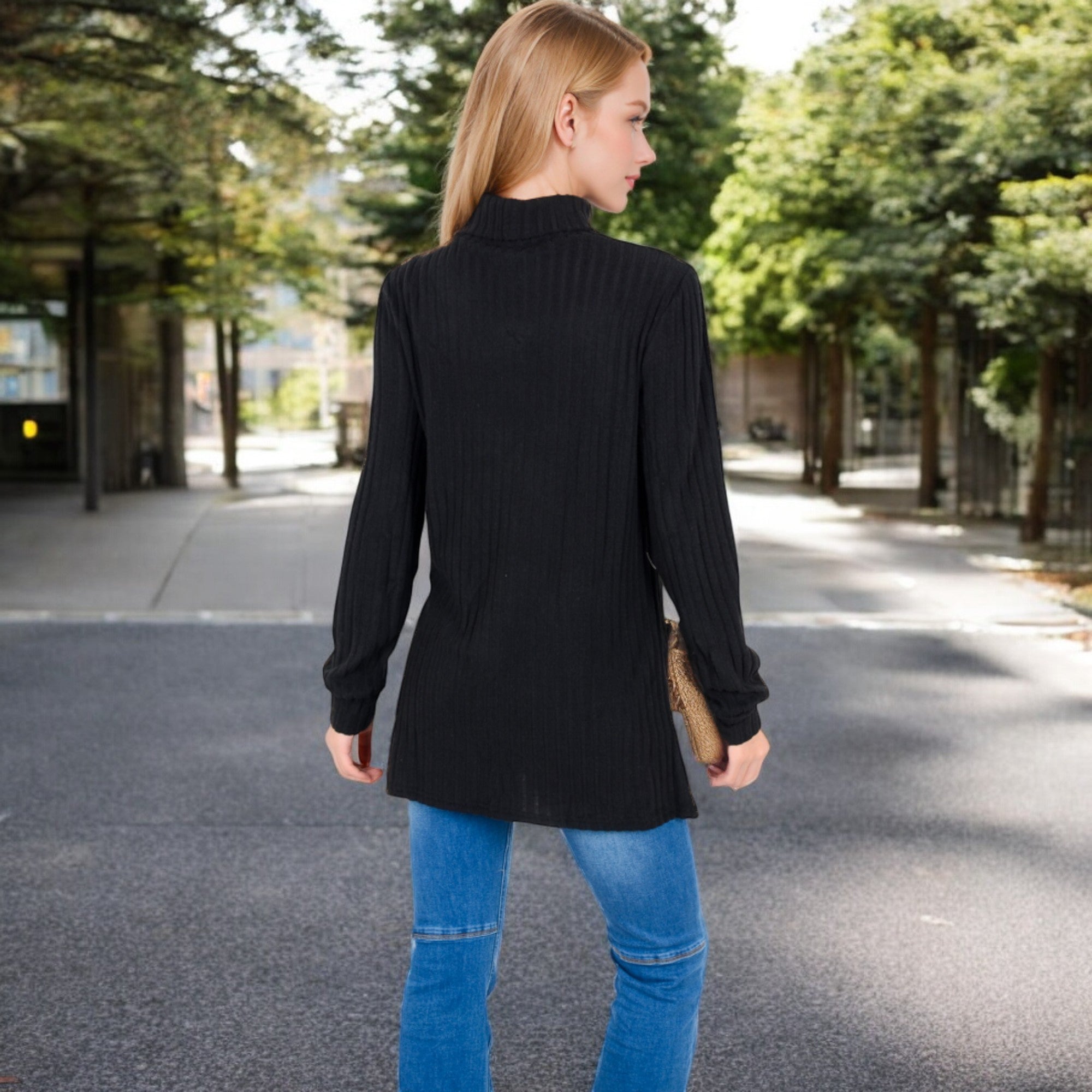 Anna-Kaci Women's Mock Neck Long Sleeve Ribbed Knit Tunic with Front Pockets