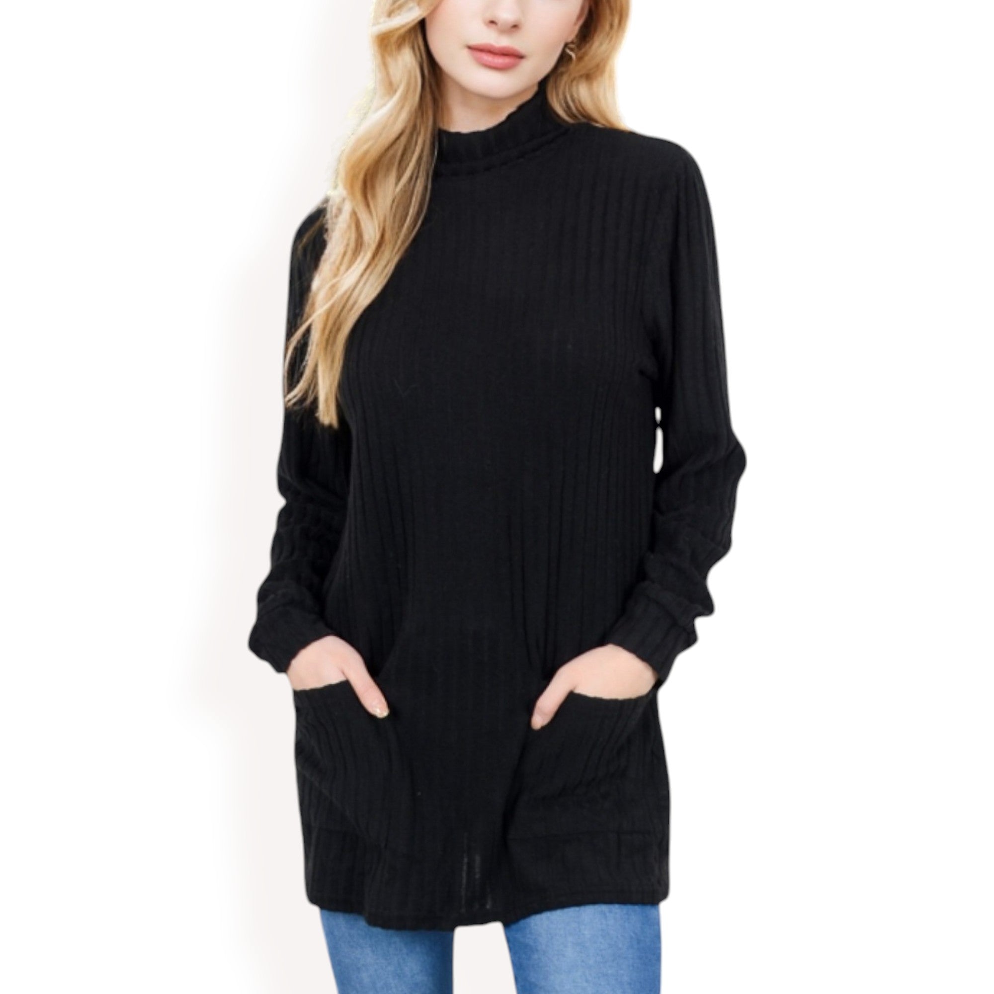 Anna-Kaci Women's Mock Neck Long Sleeve Ribbed Knit Tunic with Front Pockets