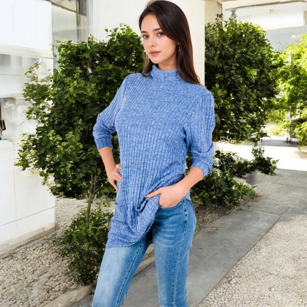 Anna-Kaci Women's Mock Neck Long Sleeve Ribbed Knit Tunic with Front Pockets