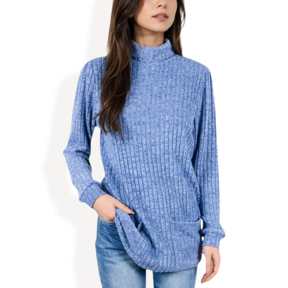 Anna-Kaci Women's Mock Neck Long Sleeve Ribbed Knit Tunic with Front Pockets