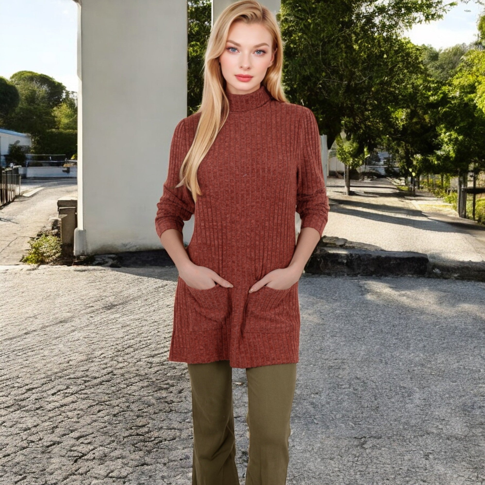 Anna-Kaci Women's Mock Neck Long Sleeve Ribbed Knit Tunic with Front Pockets