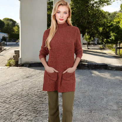 Anna-Kaci Women's Mock Neck Long Sleeve Ribbed Knit Tunic with Front Pockets