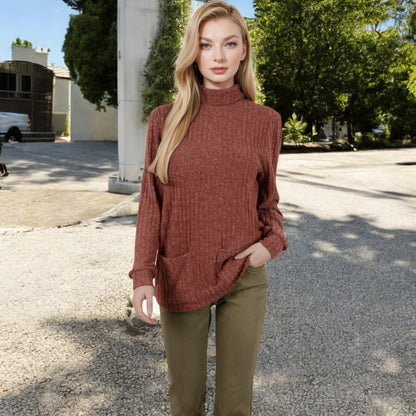 Anna-Kaci Women's Mock Neck Long Sleeve Ribbed Knit Tunic with Front Pockets