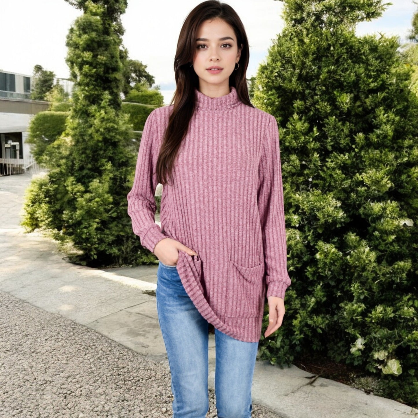 Anna-Kaci Women's Mock Neck Long Sleeve Ribbed Knit Tunic with Front Pockets