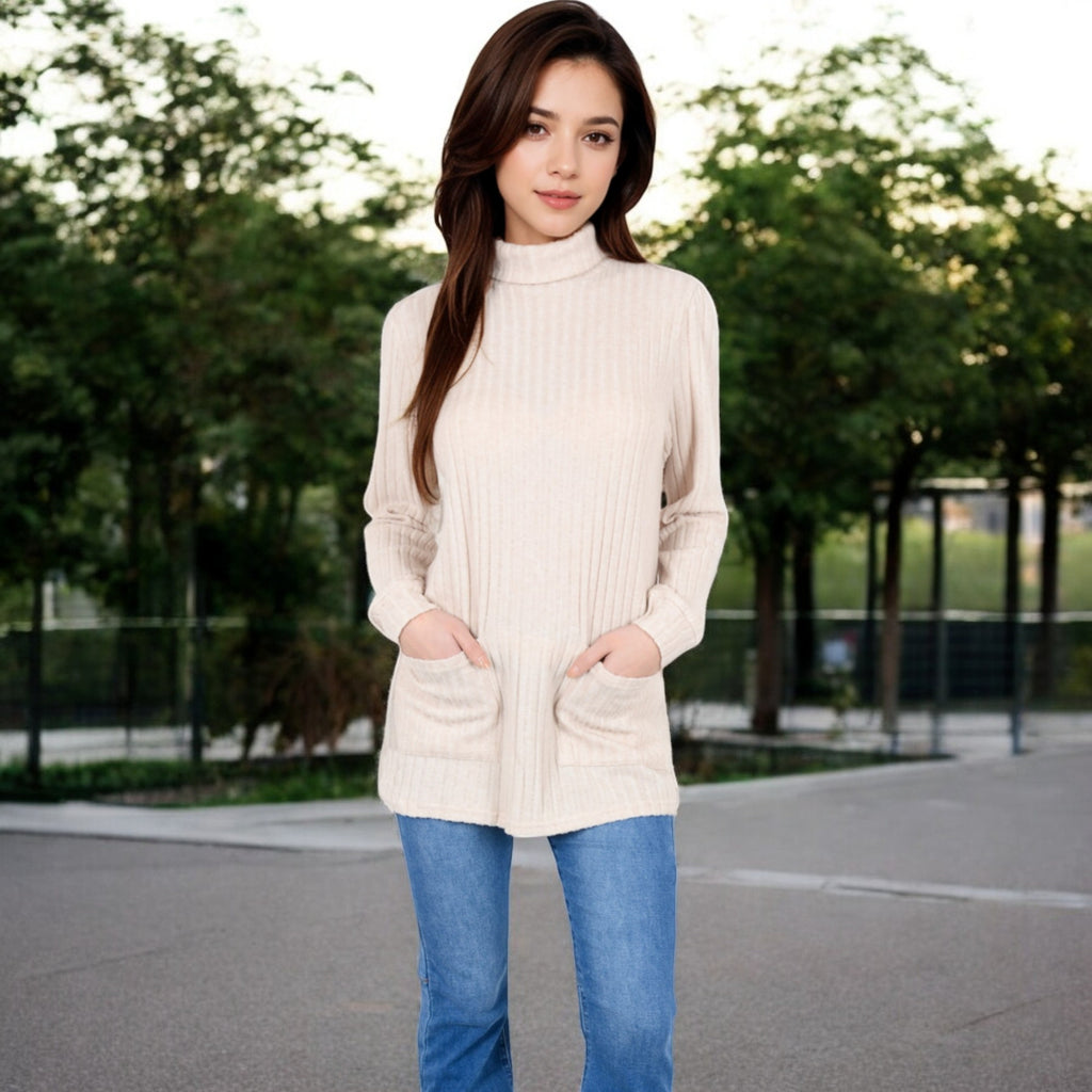 Anna-Kaci Women's Mock Neck Long Sleeve Ribbed Knit Tunic with Front Pockets