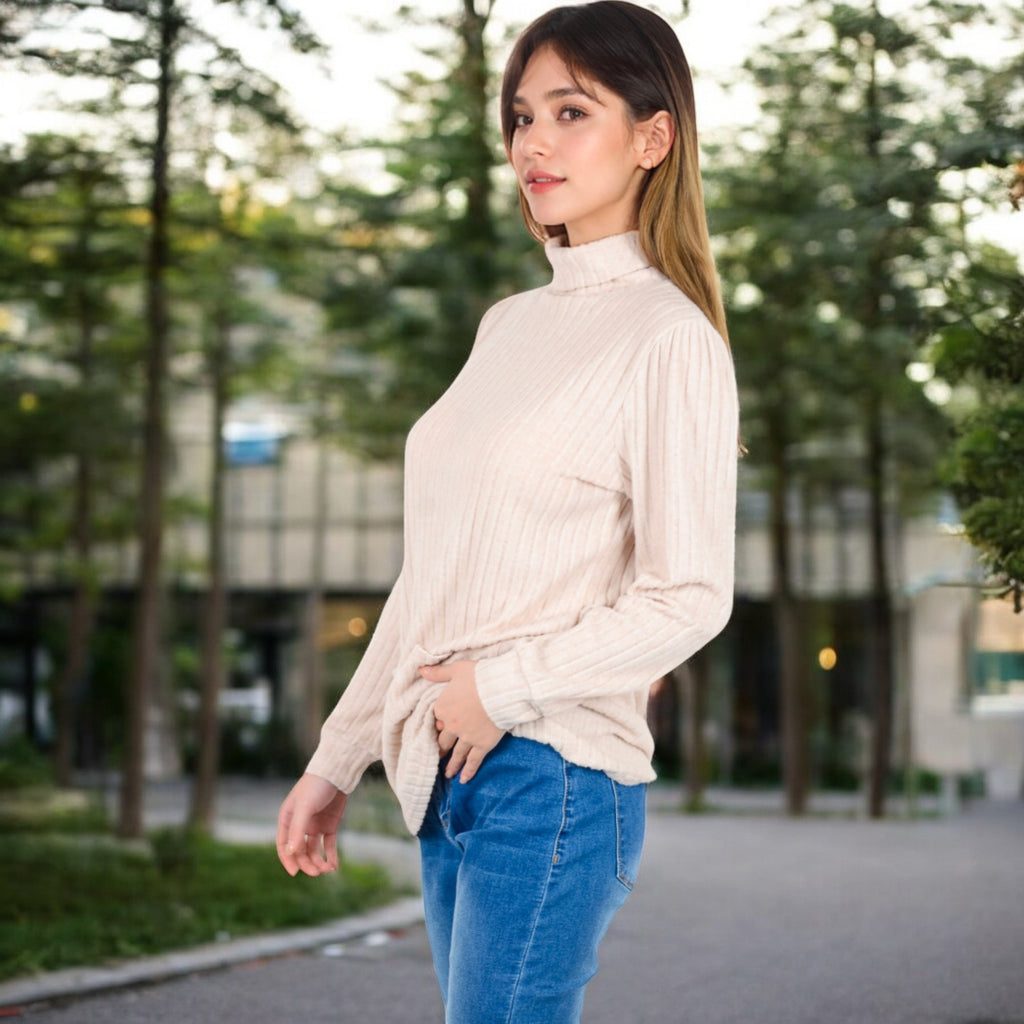 Anna-Kaci Women's Mock Neck Long Sleeve Ribbed Knit Tunic with Front Pockets