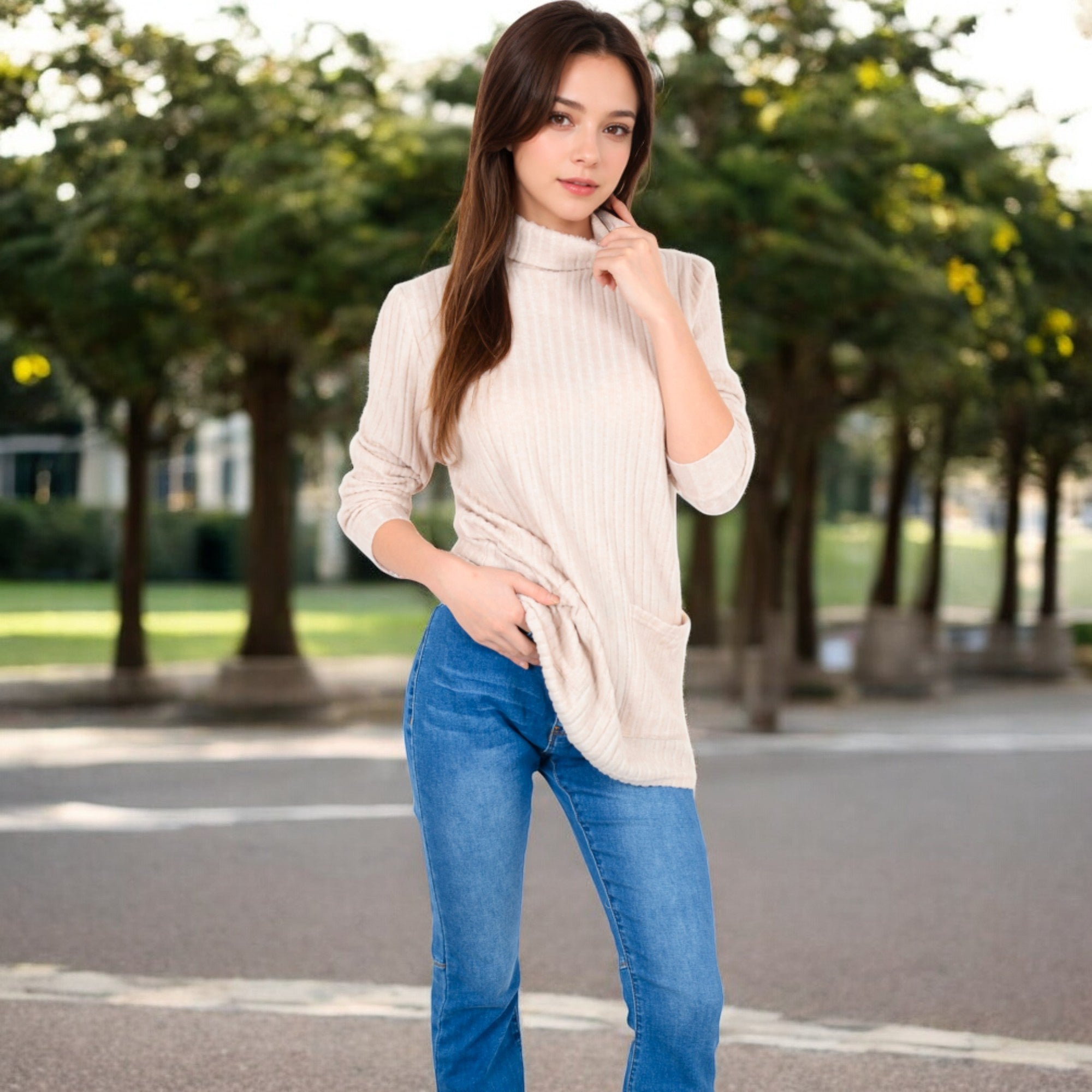 Anna-Kaci Women's Mock Neck Long Sleeve Ribbed Knit Tunic with Front Pockets