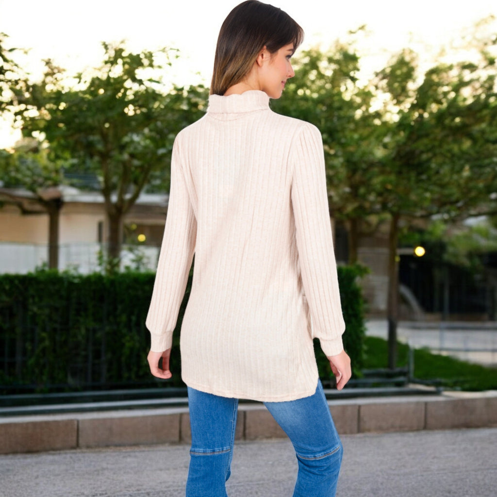 Anna-Kaci Women's Mock Neck Long Sleeve Ribbed Knit Tunic with Front Pockets