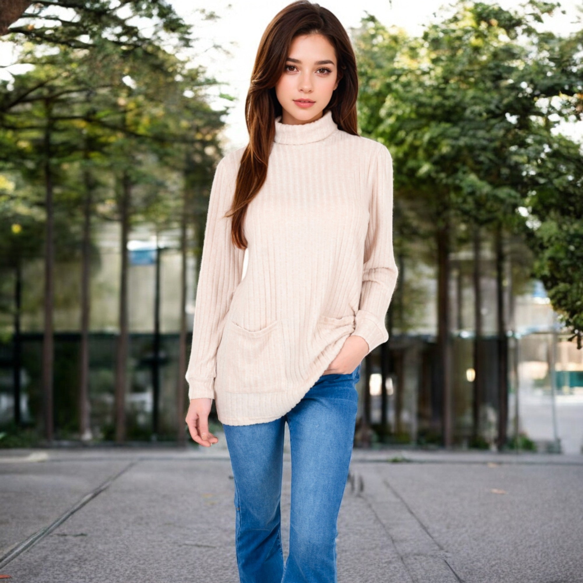 Anna-Kaci Women's Mock Neck Long Sleeve Ribbed Knit Tunic with Front Pockets