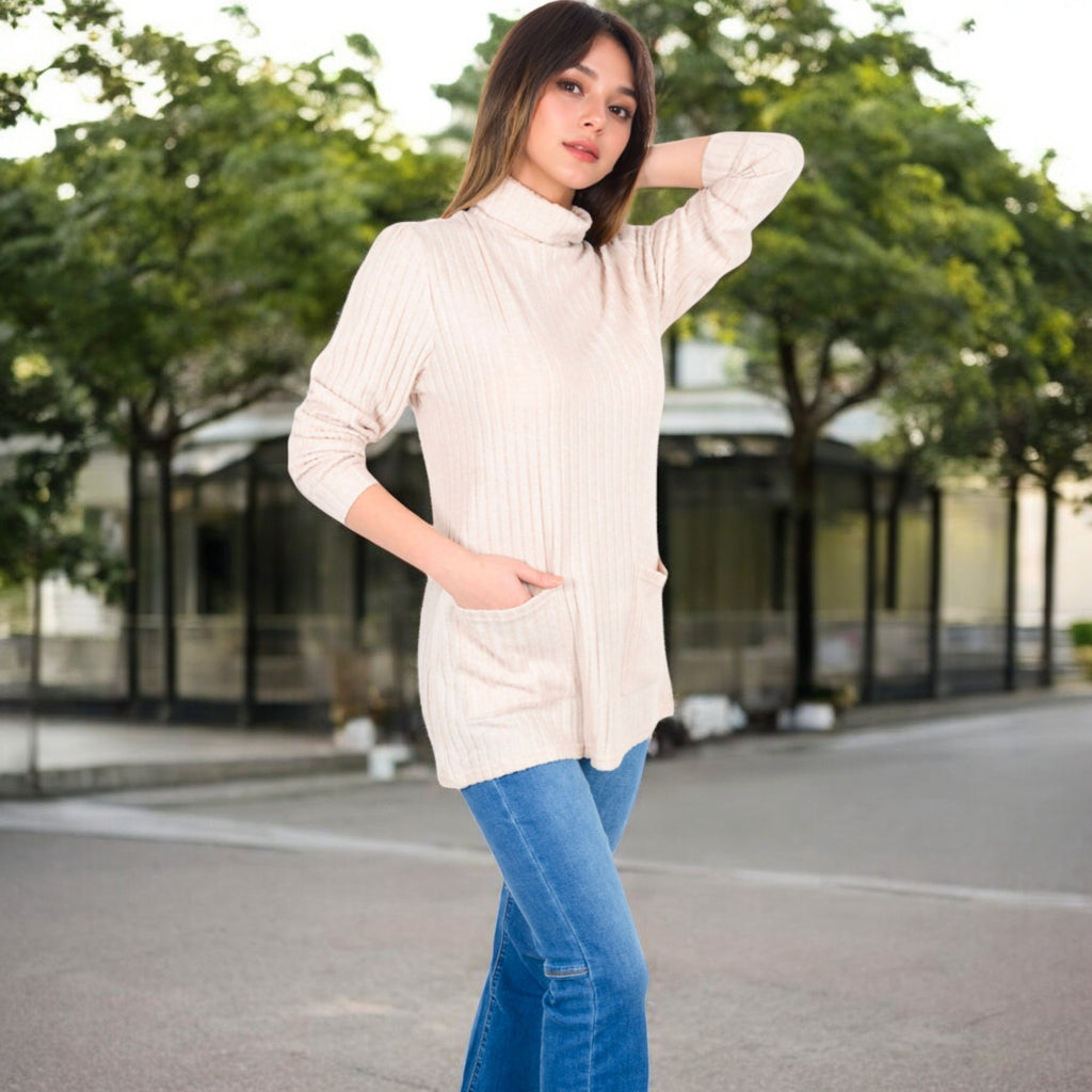 Anna-Kaci Women's Mock Neck Long Sleeve Ribbed Knit Tunic with Front Pockets