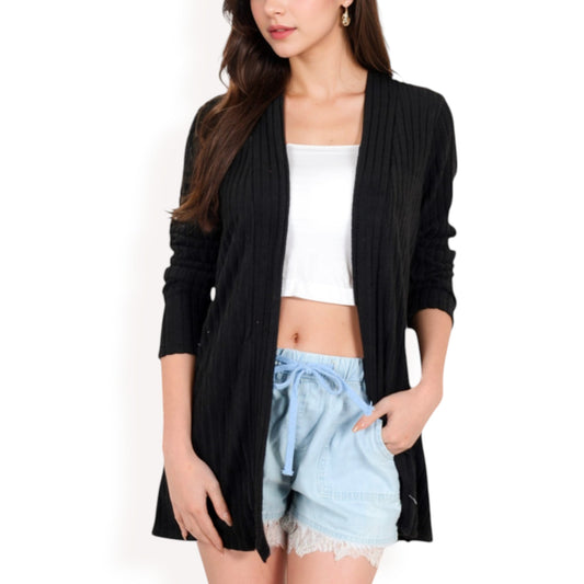 Anna-Kaci Women's Ribbed Open Front Cardigan with Long Sleeves and Side Pockets
