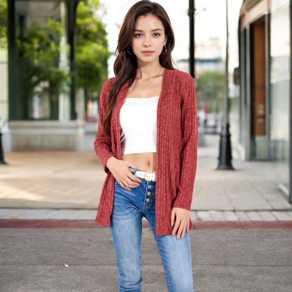 Anna-Kaci Women's Ribbed Open Front Cardigan with Long Sleeves and Side Pockets