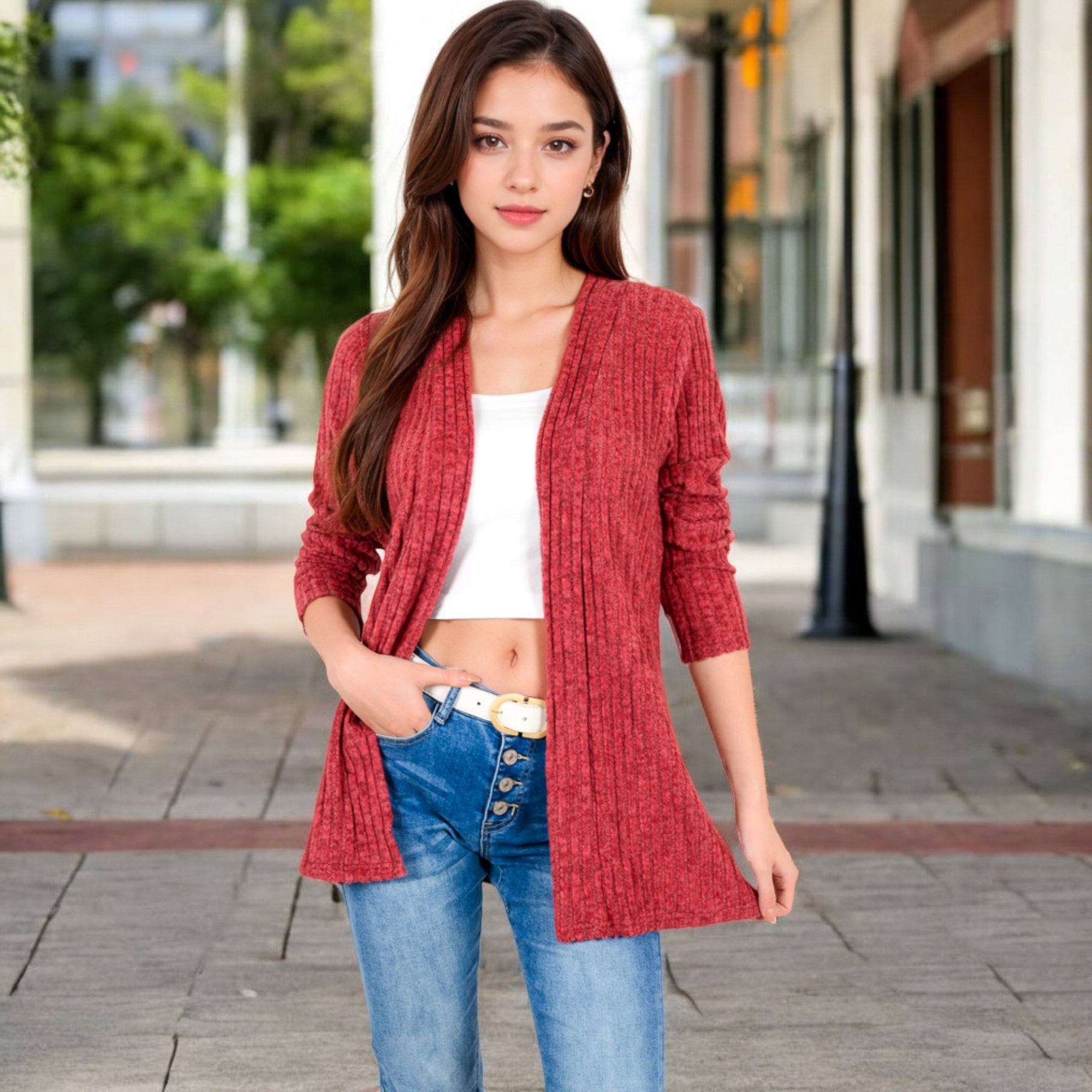 Anna-Kaci Women's Ribbed Open Front Cardigan with Long Sleeves and Side Pockets