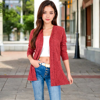 Anna-Kaci Women's Ribbed Open Front Cardigan with Long Sleeves and Side Pockets