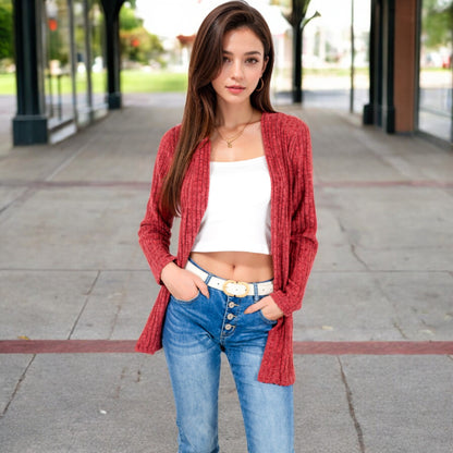 Anna-Kaci Women's Ribbed Open Front Cardigan with Long Sleeves and Side Pockets