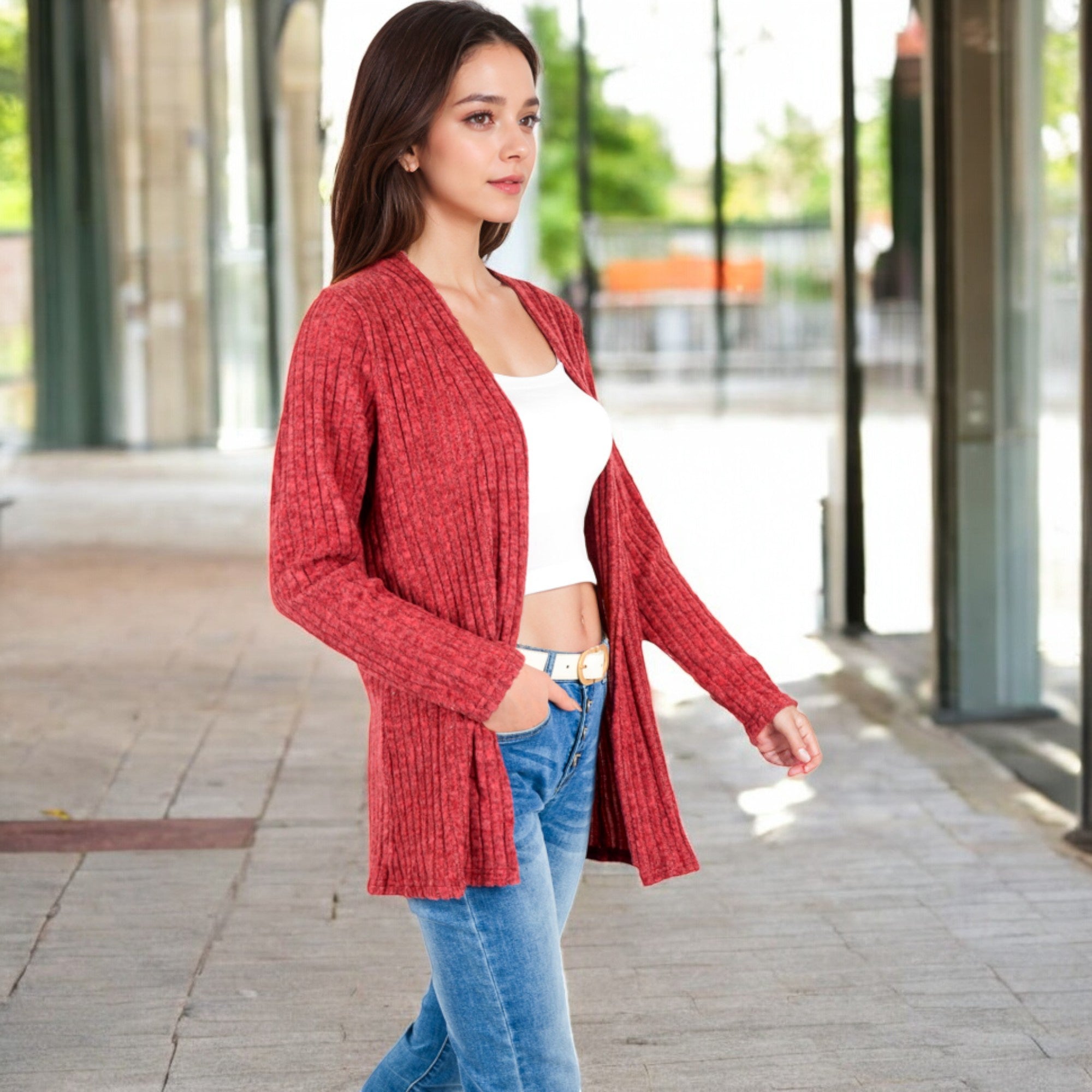 Anna-Kaci Women's Ribbed Open Front Cardigan with Long Sleeves and Side Pockets
