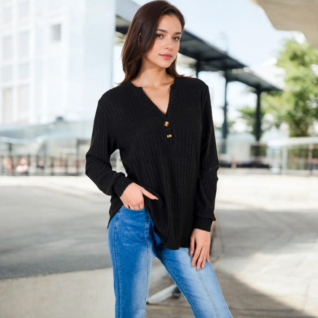 Anna-Kaci Women's V-Neck Ribbed Knit Long Sleeve Top with Button Detail