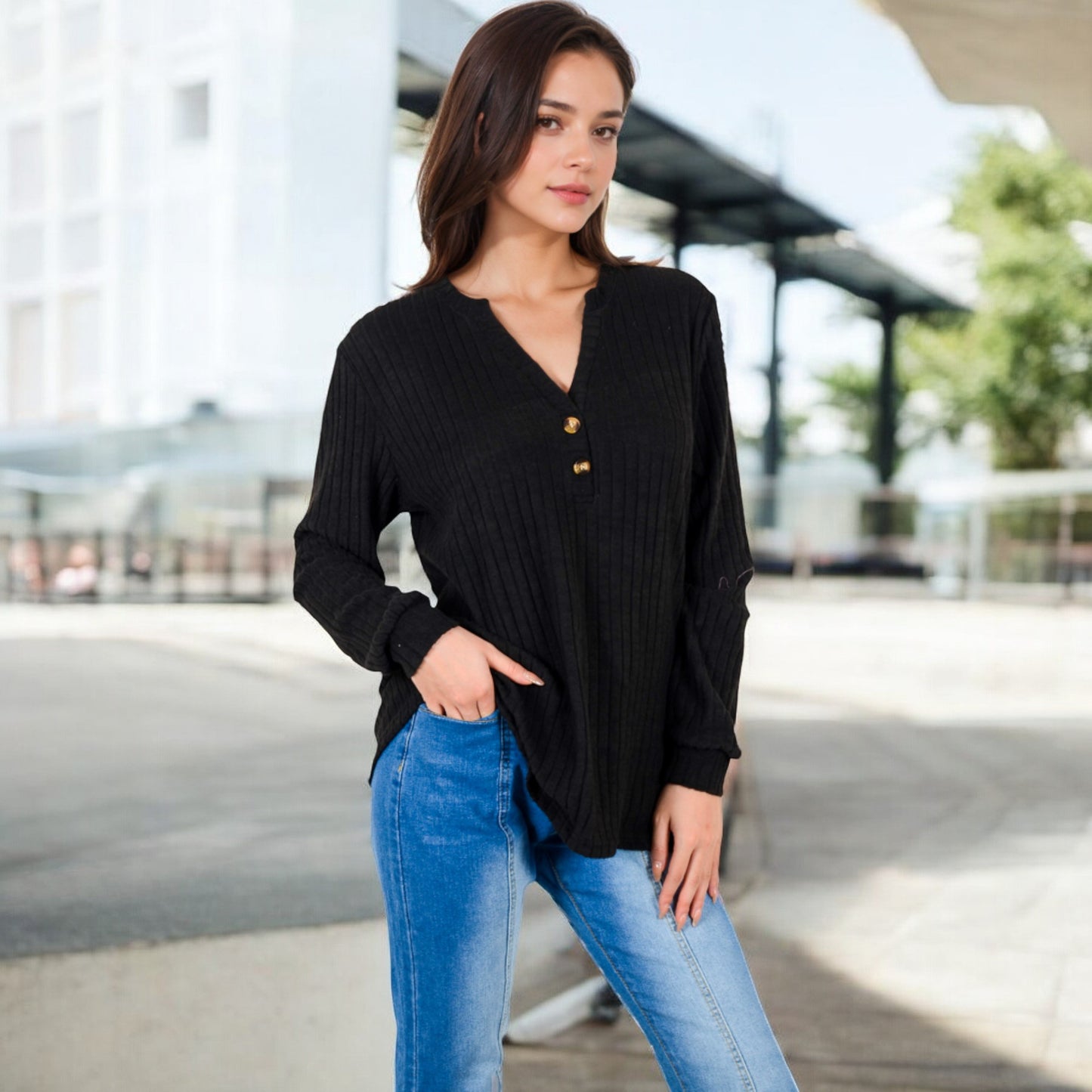 Anna-Kaci Women's V-Neck Ribbed Knit Long Sleeve Top with Button Detail