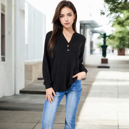 Anna-Kaci Women's V-Neck Ribbed Knit Long Sleeve Top with Button Detail