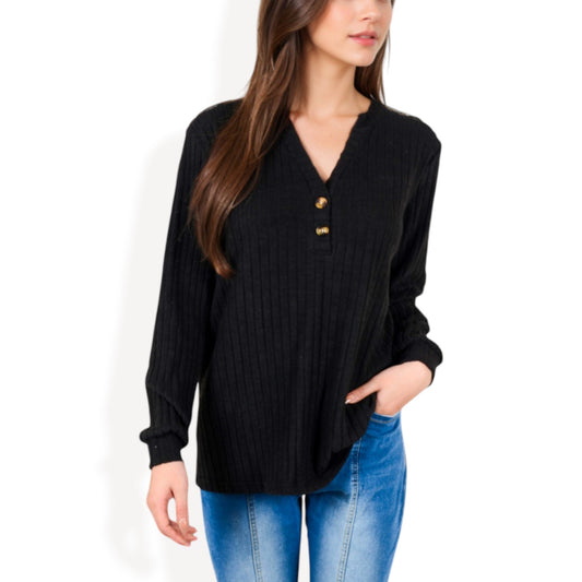 Anna-Kaci Women's V-Neck Ribbed Knit Long Sleeve Top with Button Detail