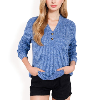 Anna-Kaci Women's V-Neck Ribbed Knit Long Sleeve Top with Button Detail