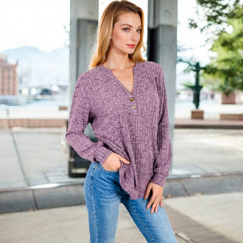 Anna-Kaci Women's V-Neck Ribbed Knit Long Sleeve Top with Button Detail