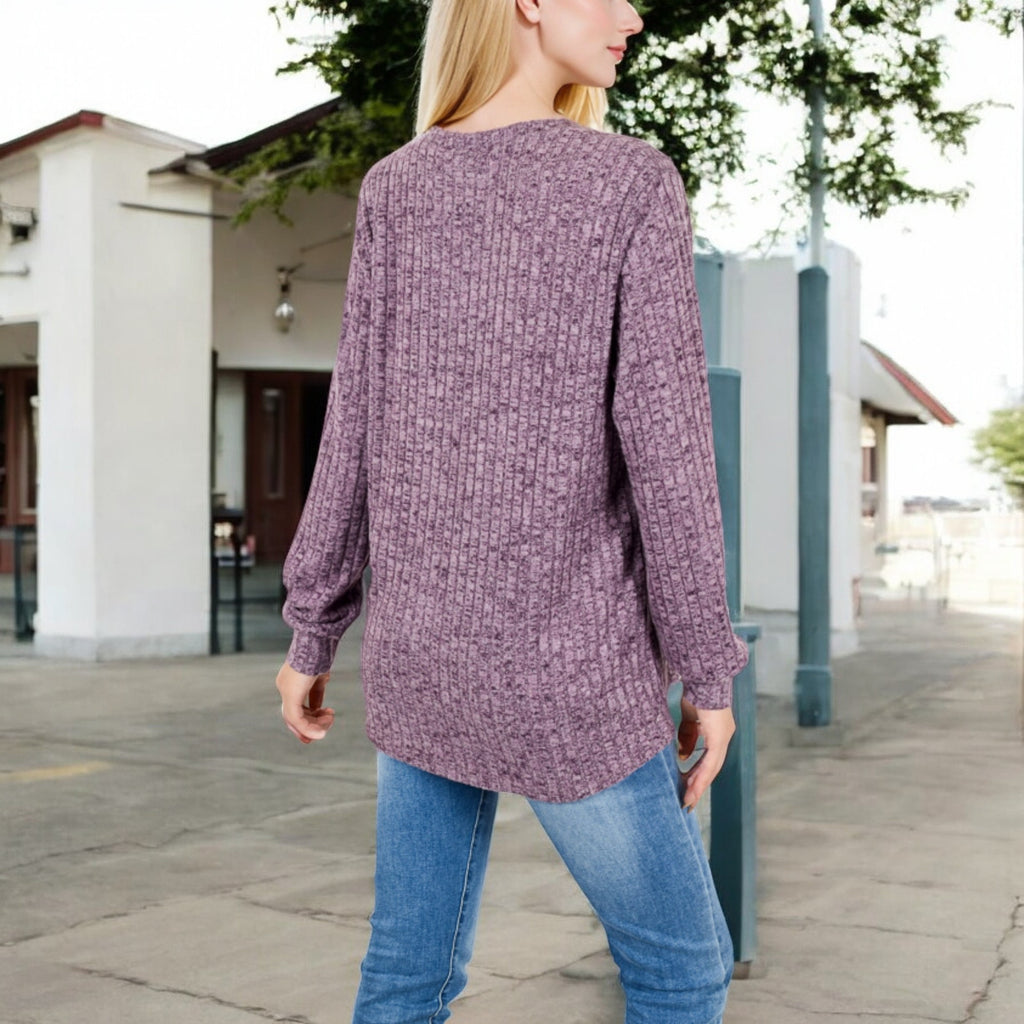 Anna-Kaci Women's V-Neck Ribbed Knit Long Sleeve Top with Button Detail