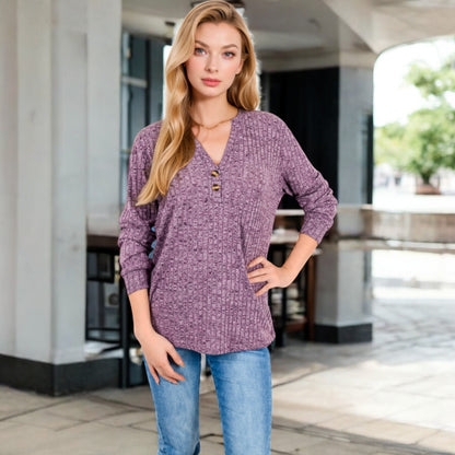 Anna-Kaci Women's V-Neck Ribbed Knit Long Sleeve Top with Button Detail