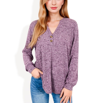 Anna-Kaci Women's V-Neck Ribbed Knit Long Sleeve Top with Button Detail