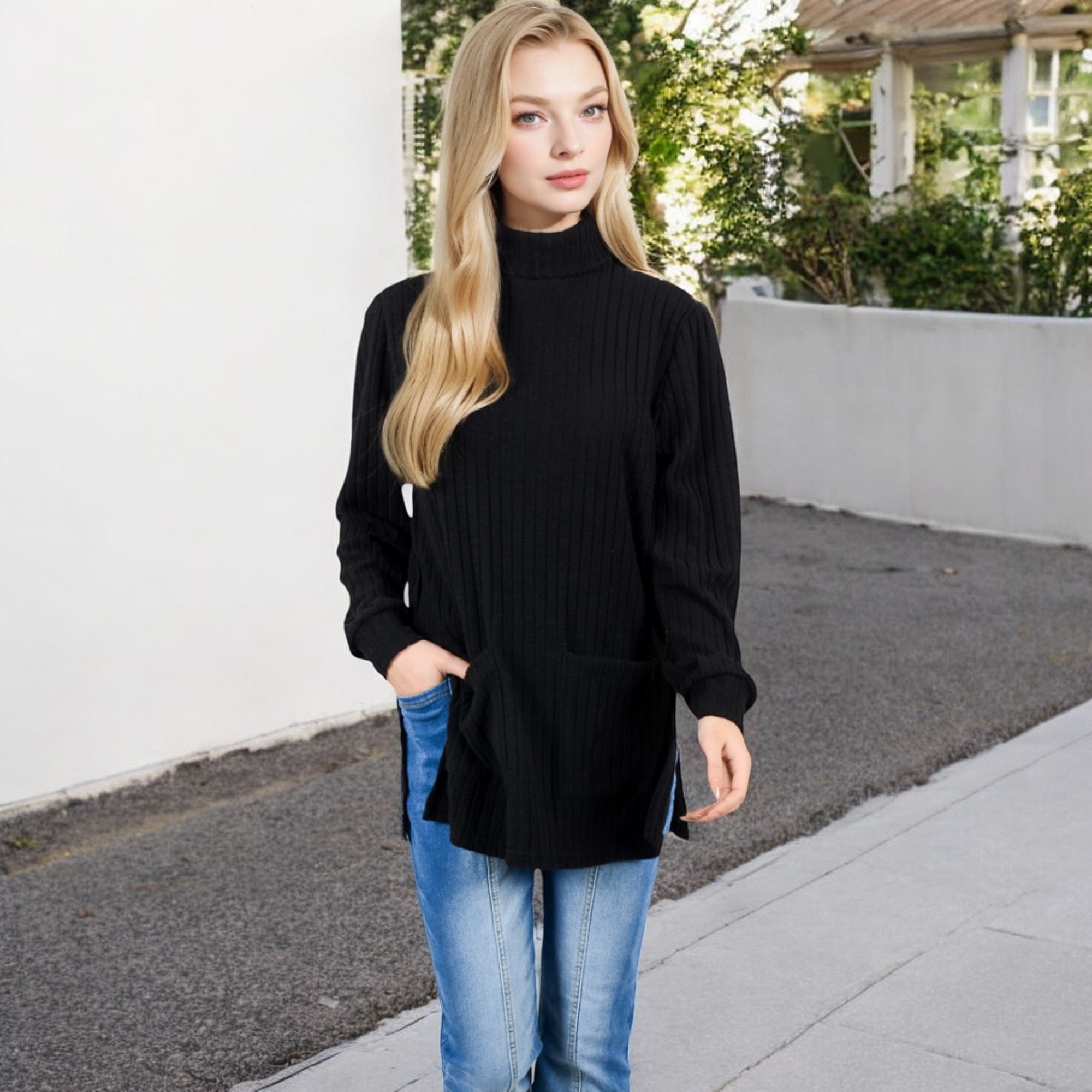 Anna-Kaci Women's Ribbed Knit Turtleneck Tunic Sweater with Front Pockets