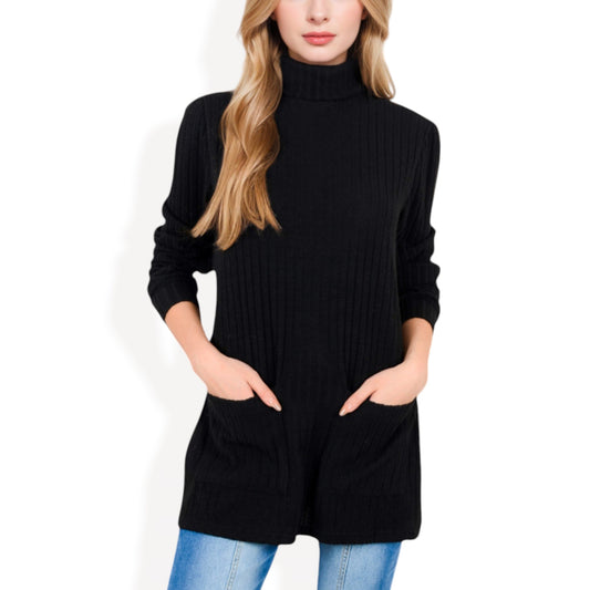 Anna-Kaci Women's Ribbed Knit Turtleneck Tunic Sweater with Front Pockets