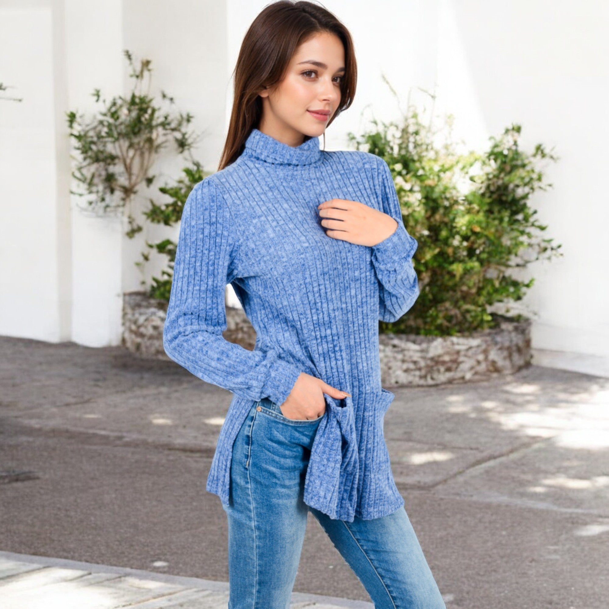 Anna-Kaci Women's Ribbed Knit Turtleneck Tunic Sweater with Front Pockets