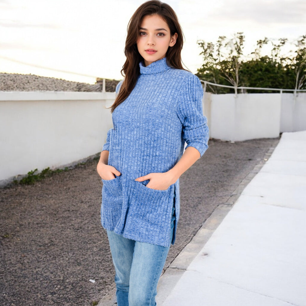 Anna-Kaci Women's Ribbed Knit Turtleneck Tunic Sweater with Front Pockets