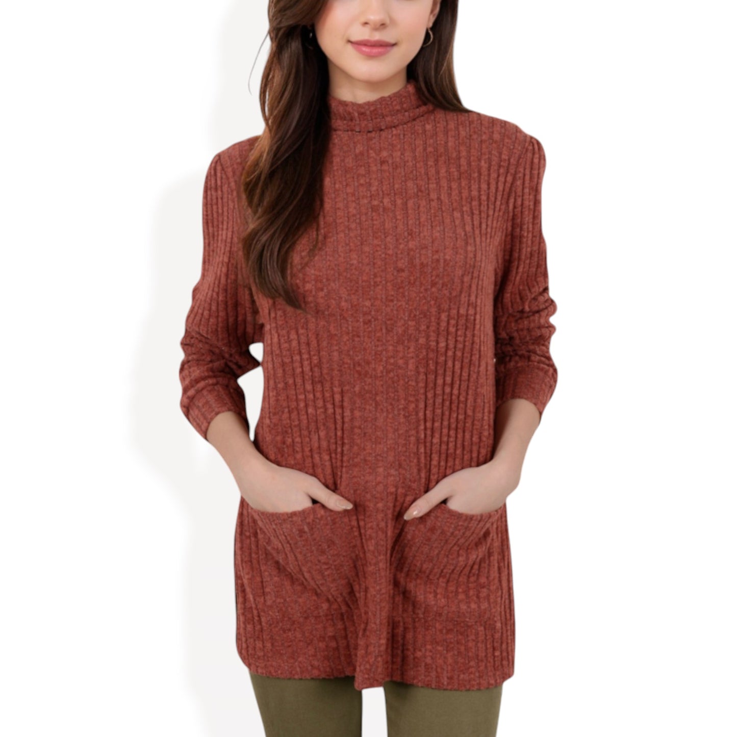 Anna-Kaci Women's Ribbed Knit Turtleneck Tunic Sweater with Front Pockets