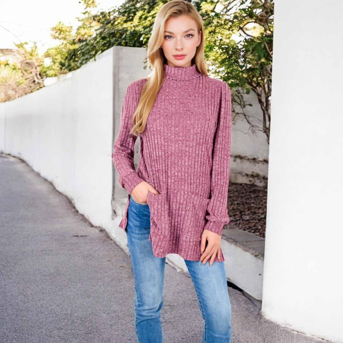 Anna-Kaci Women's Ribbed Knit Turtleneck Tunic Sweater with Front Pockets