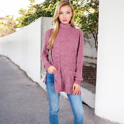 Anna-Kaci Women's Ribbed Knit Turtleneck Tunic Sweater with Front Pockets